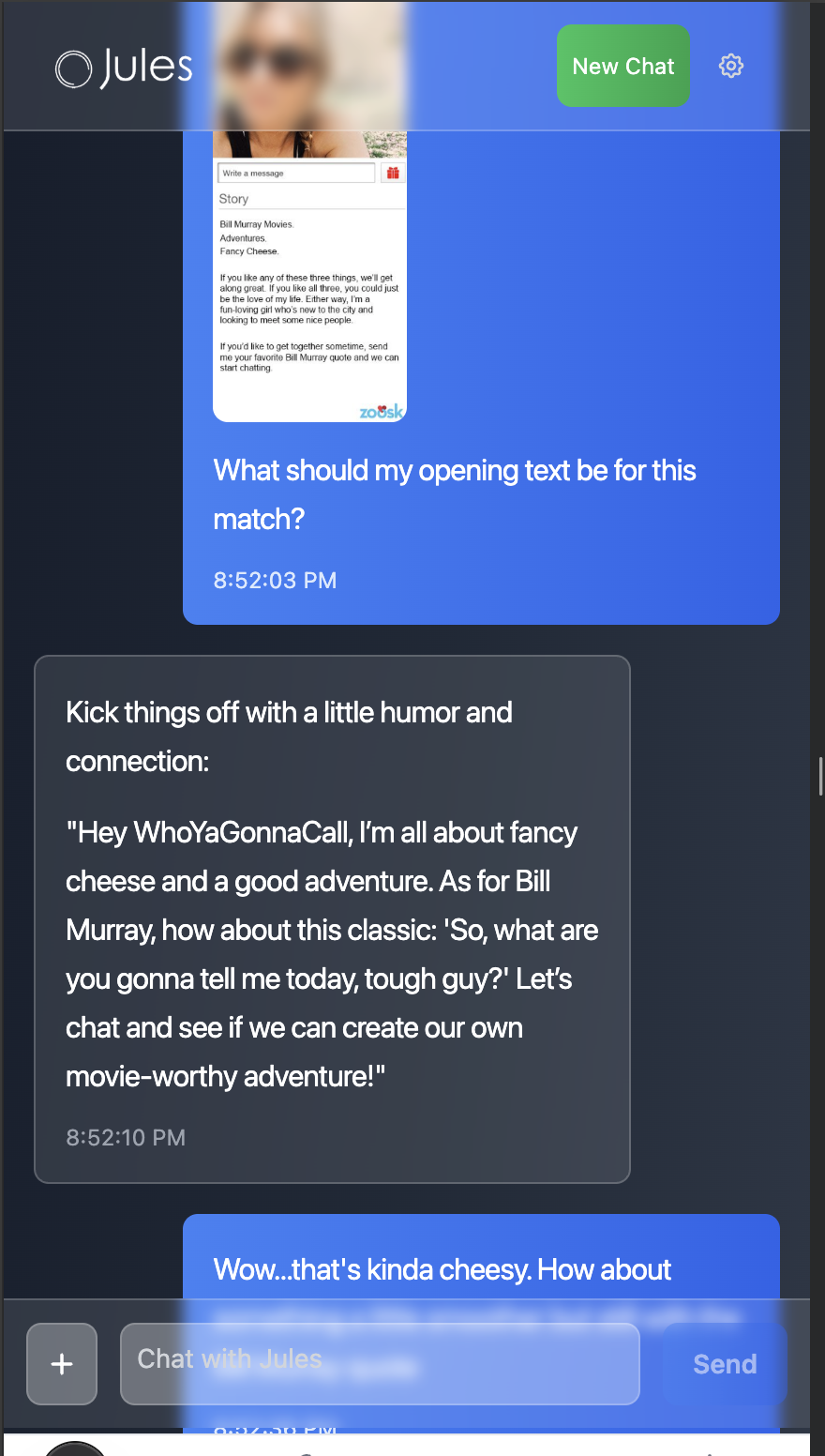 Jules chat answering dating questions and giving advice